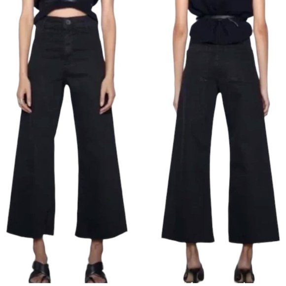 Zara The Marine Straight High Rise Stretch Raw Hem Black Jeans Size 6 - Picture 1 of 5